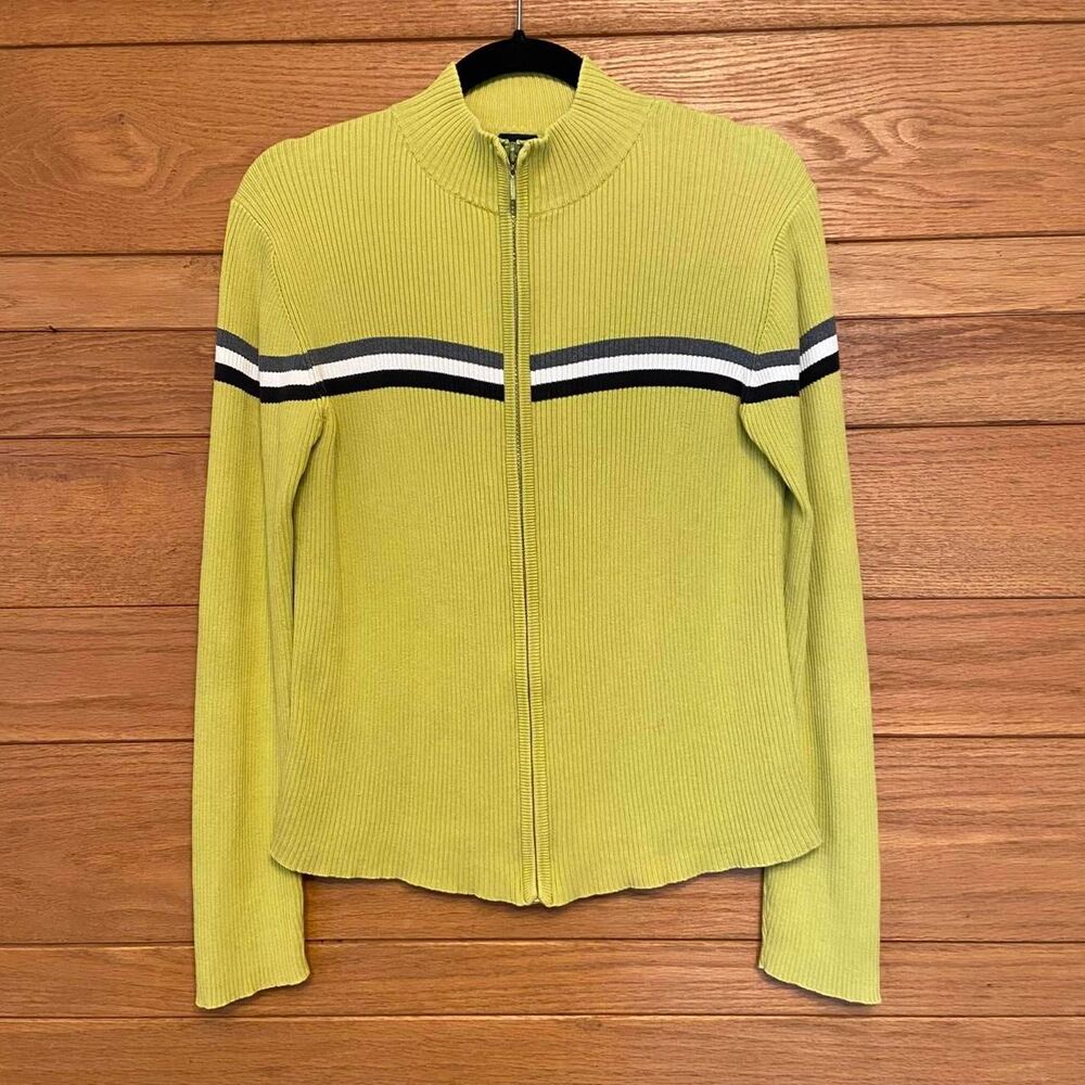 Gap vintage 90s lime green chartreuse striped mockneck zip front ribbed sweater